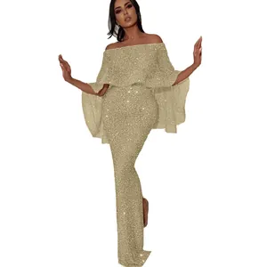 Elegantes goldenes schulterfreies Pailletten-Abendkleid mit figurbetonter Passform