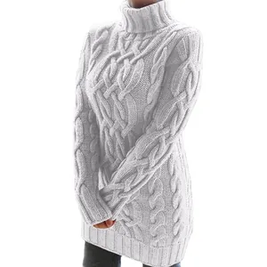 Vestido de punto trenzado blanco con cuello alto para mujer en cómodo estilo de manga larga
