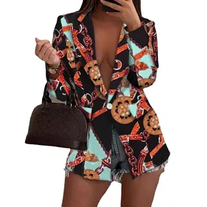Chic chain print blazer jacket for women with long sleeves and professional lapel style.
