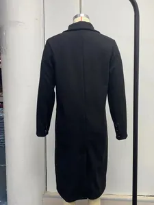 Back view of a sleek long black wool-blend coat for women, showcasing its clean silhouette.