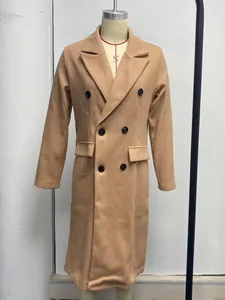 Front view detail of a camel double-breasted long wool coat on display mannequin