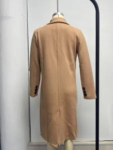 Detailed back view of a long camel woolen coat on a mannequin showing buttoned sleeves