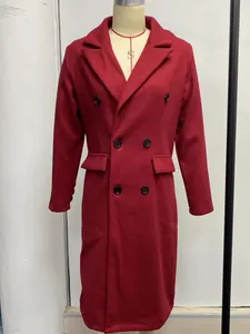 Elegant wine red double-breasted long wool coat with classic lapels and pockets