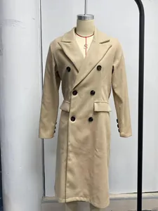 Front view of a beige double-breasted long wool coat displayed on a professional mannequin.
