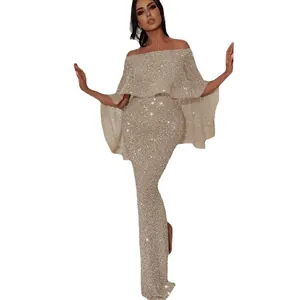Elegantes schulterfreies Abendkleid mit Champagner-Pailletten, Rüschencape und Bodycon-Passform.