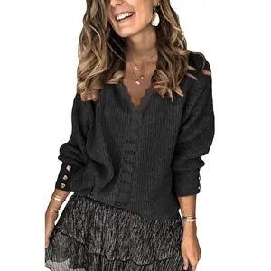 Elegante zwarte gebreide trui met kanten V-hals voor herfst en winter damesmode