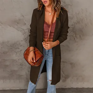 Élégant gilet long en tricot marron uni pour femme, style décontracté d'automne