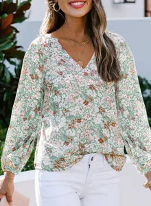 Haut élégant en mousseline à col en V et imprimé floral pour femmes mode chic