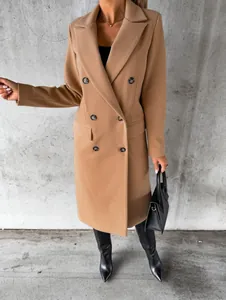 Elegant camel double-breasted wool coat featuring notch lapels and side pockets