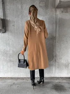 High-quality detailed back view of a minimalist camel long-sleeved wool coat for women