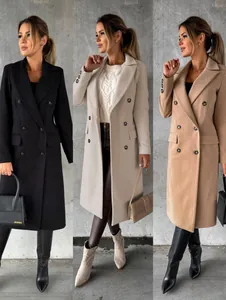 Elegant long sleeve double-breasted wool coats shown in black, beige, and tan colors