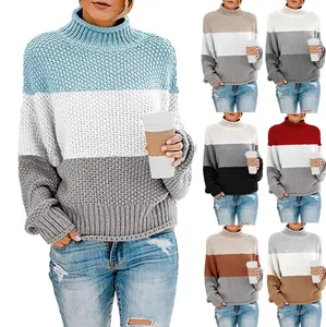 Chunky knit turtleneck sweater for women featuring a stylish tri-color block design.
