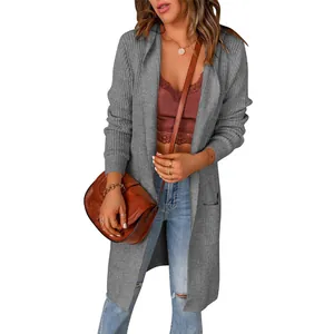Gilet long en maille grise pour femme, cardigan décontracté pour automne/hiver