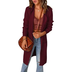 Gilet long en tricot uni et ample pour femme en bordeaux pour l'automne et l'hiver