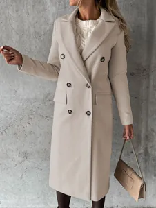 Detailed look at elegant beige double-breasted wool coat with notch lapel and side pockets