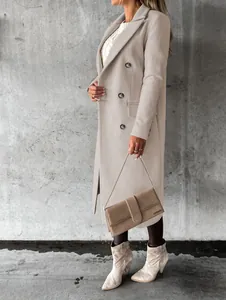 Elegant long beige wool coat with double-breasted buttons and side pockets for women