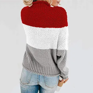 Back view of women chunky knit turtleneck sweater with red white grey color block