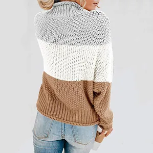 Back view of a tricolor color-block chunky knit turtleneck sweater for women, cozy.