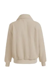 Vue arrière d'une veste en polaire teddy beige pour femme avec détails en maille côtelée
