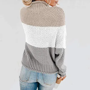 Detailed back view of a woman wearing chunky tri-color block knit sweater with high neck