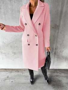 Elegant pink double-breasted wool coat with notch lapels and practical side pockets.