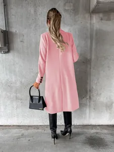 Elegant pink long-sleeved woolen coat for women, stylish back view in urban setting