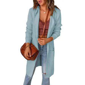 Long light blue knitted open-front cardigan for women with loose fit