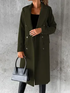 Elegant women's dark olive green double-breasted wool coat with practical pockets detail.