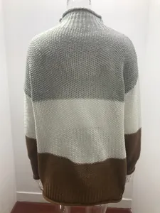 Back view of a chunky color block turtleneck sweater in gray, white and brown.