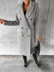 Detailed view of women's grey double-breasted wool coat with classic notched lapels.