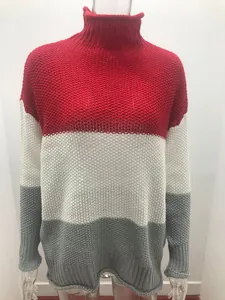 Detail showing red, white and grey color-blocked chunky knit turtleneck sweater