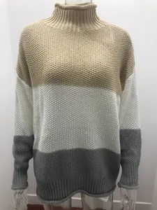 Chunky color block turtleneck sweater for women, featuring khaki white and grey stripes