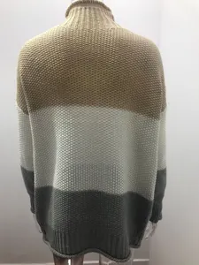 Back view of women's chunky knit turtleneck color-block sweater in tan white and grey