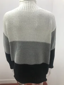 Detailed back view of a color block turtleneck knit sweater in white, grey, and black