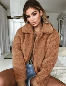 Veste chaude en polaire teddy marron pour femme avec fermeture éclair