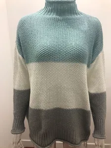 Close-up of a women's color-block knit sweater featuring a turtleneck and coarse texture.