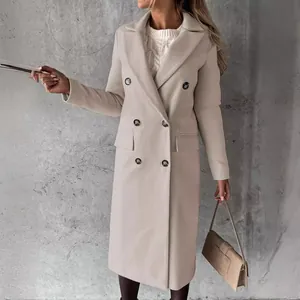 Elegant beige double-breasted long woolen coat for women featuring a stylish lapel design