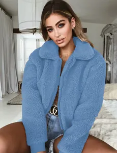 Veste en polaire teddy bleue pour femme avec fermeture éclair et texture douce