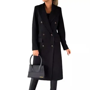Elegant black double-breasted wool coat for women, long sleeves and solid color design