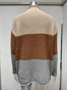 Back view of a chunky knit turtleneck sweater with beige, brown, and gray color blocks