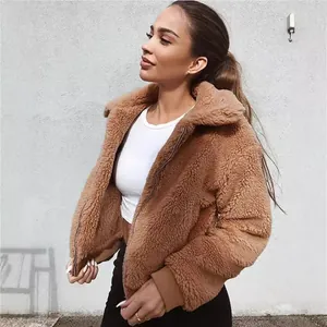 Veste en polaire teddy marron pour femme avec fermeture éclair et col à revers élégant