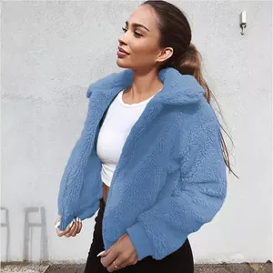 Veste douillette en polaire teddy bleue pour femme avec fermeture éclair et poignets