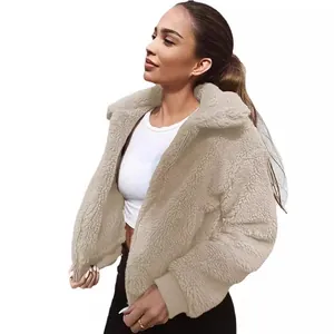 Veste élégante en polaire peluche beige pour femme avec fermeture éclair et col