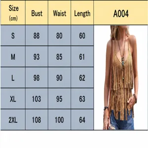 Tabella delle taglie dettagliata per canotta da donna sexy stile western con frange