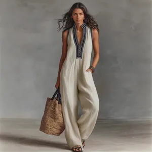 Detail view of linen blend sleeveless jumpsuit with contrast embroidery and stand collar