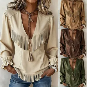 Haut vintage chic en daim à col en V avec franges et volants en plusieurs coloris élégants