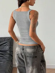 Back view detail of a minimalist grey ribbed square neck tank top for women apparel