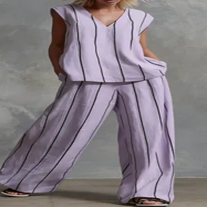 Franse minimalistische gestreepte linnen set met wijde broek voor dames