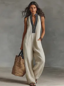 Women's Casual Linen Blend Sleeveless Jumpsuit Stand Collar Zipper Embroidery Wide Leg Loose Boho Romper