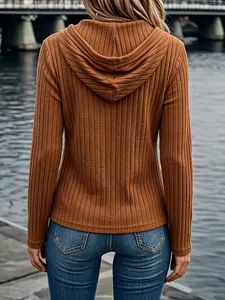 Detailed back view of a stylish brown ribbed knit hooded long-sleeve top for women